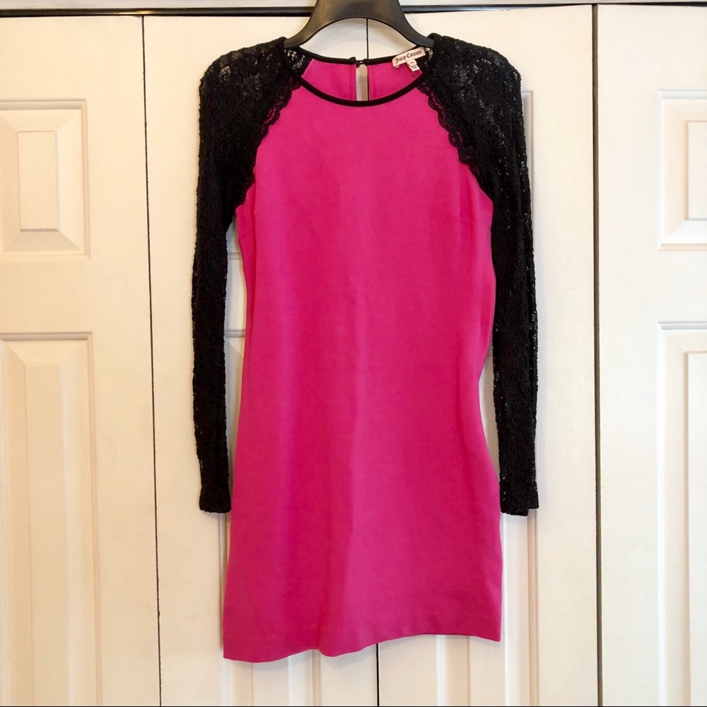 Juicy Couture Hot Pink Dress w/ Black Lace Sleeves